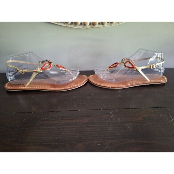 EUC Yellow Box Leather Sandals with Gold Straps and Red Teardrop Embellishments/ - Picture 4 of 9